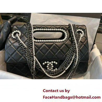 Chanel Leather Pearls  &  Silver-Tone Metal Large Flap Bag with Top Handle AS4221 Black 2023